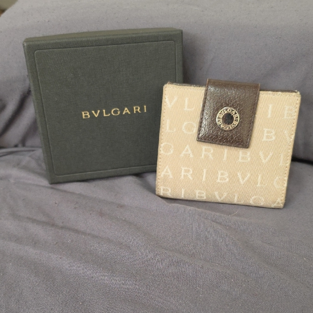 Bvlgari Beige Canvas and Brown Leather Logo Wallet